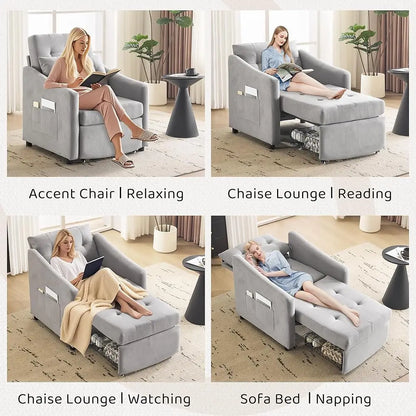 3-in-1 Convertible Sleeper Sofa Chair Bed with Storage Drawer & Pillow, Pull Out Couch with Side Pocket & Adjustable Backrest