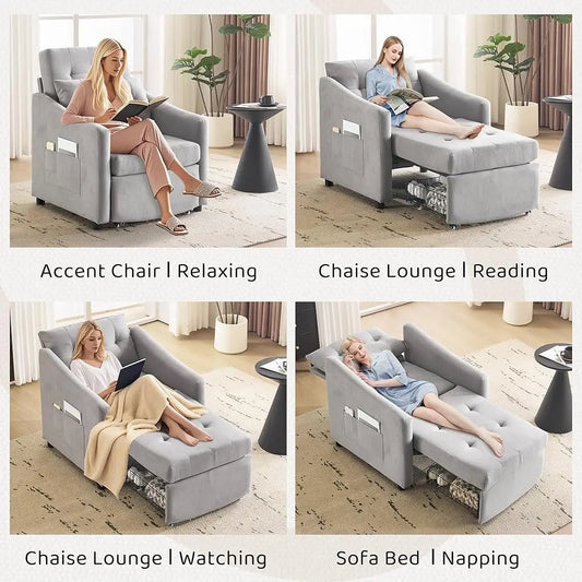 3-in-1 Convertible Sleeper Sofa Chair Bed with Storage Drawer & Pillow, Pull Out Couch with Side Pocket & Adjustable Backrest