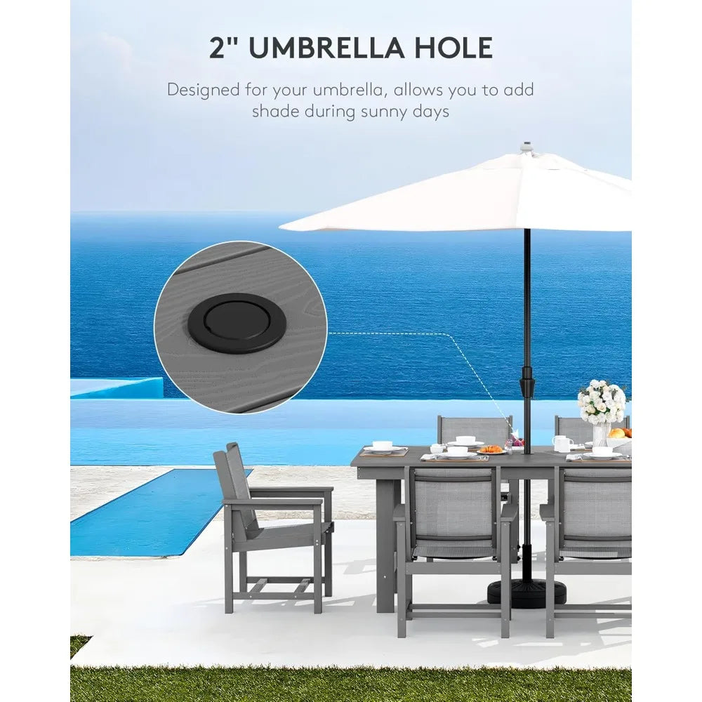 7 Piece Outdoor Dining Table Sets for 6 with 1 Umbrella Hole Cut-Out Rectangular Table and 6 Textilene Chairs, HDPE Dining Tabl