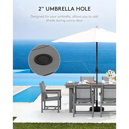 7 Piece Outdoor Dining Table Sets for 6 with 1 Umbrella Hole Cut-Out Rectangular Table and 6 Textilene Chairs, HDPE Dining Tabl