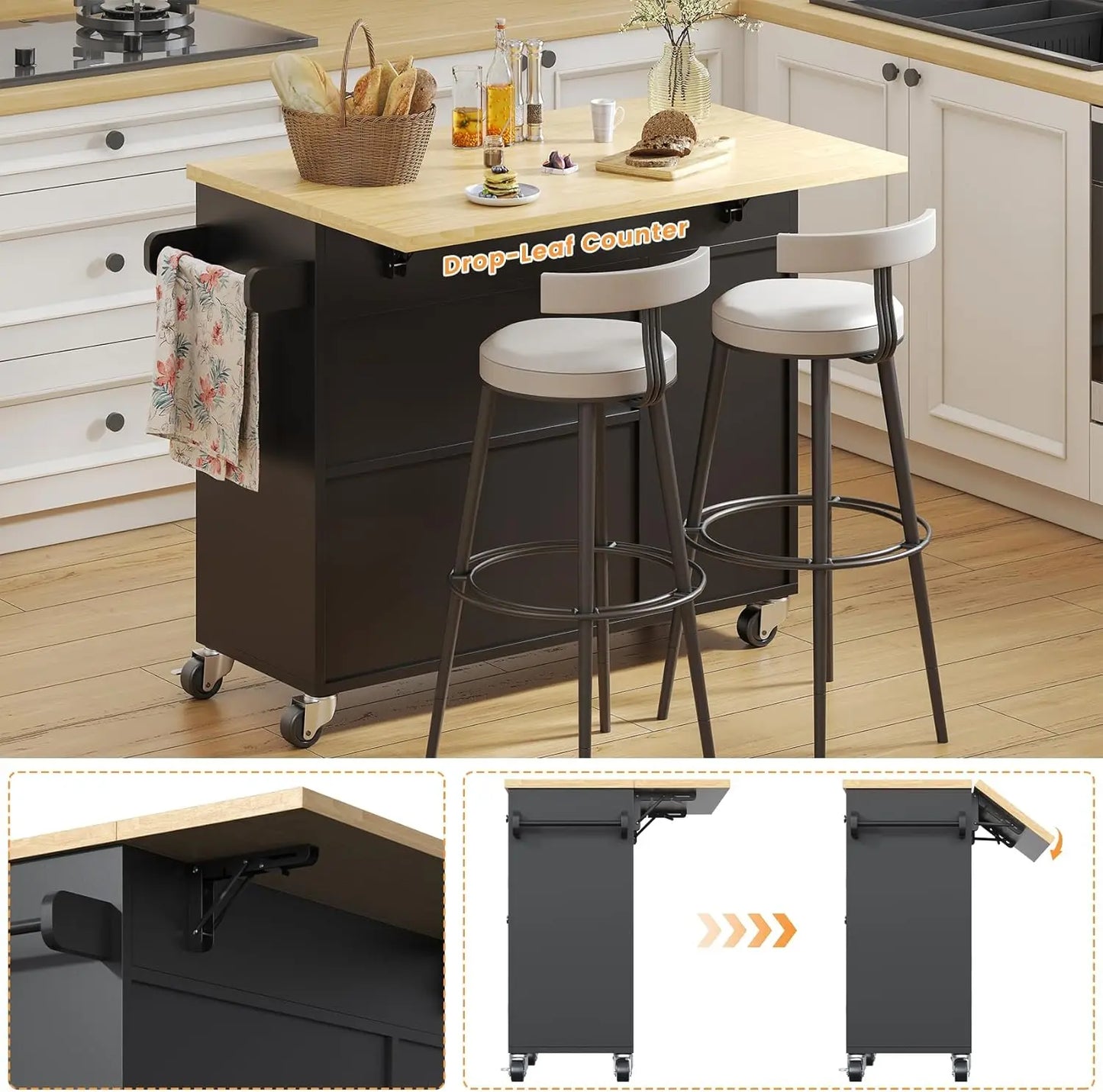 Kitchen Island with Drop Leaf, Island Table on Wheels with Storage Cabinet, Modern Sideboard Buffet with Doors, Rolling