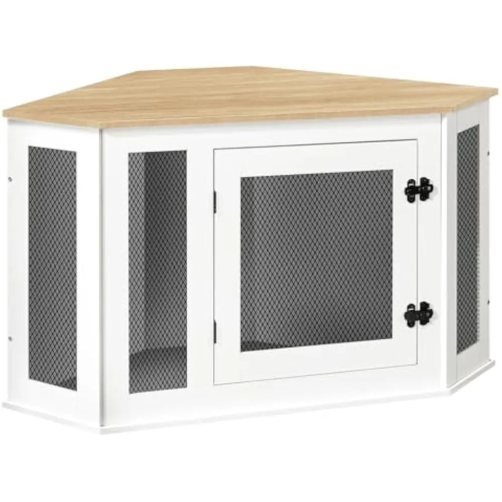 Corner Dog Crate Furniture, Wooden Dogs Kennel End Table, Decorative Pet Crate Indoor Use, Furniture Style Dogs House