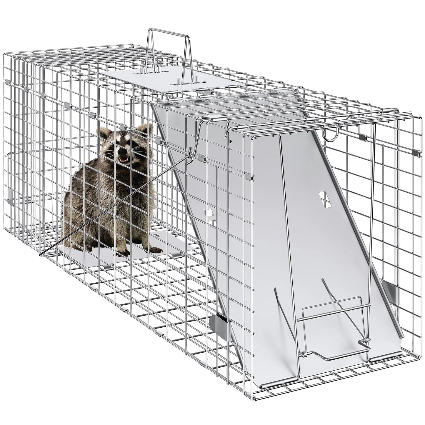 24/31/42/50in Animal Cage Trap Folding Humane Cat Trap Galvanized Iron with Handle for Rabbits Squirrels Groundhogs