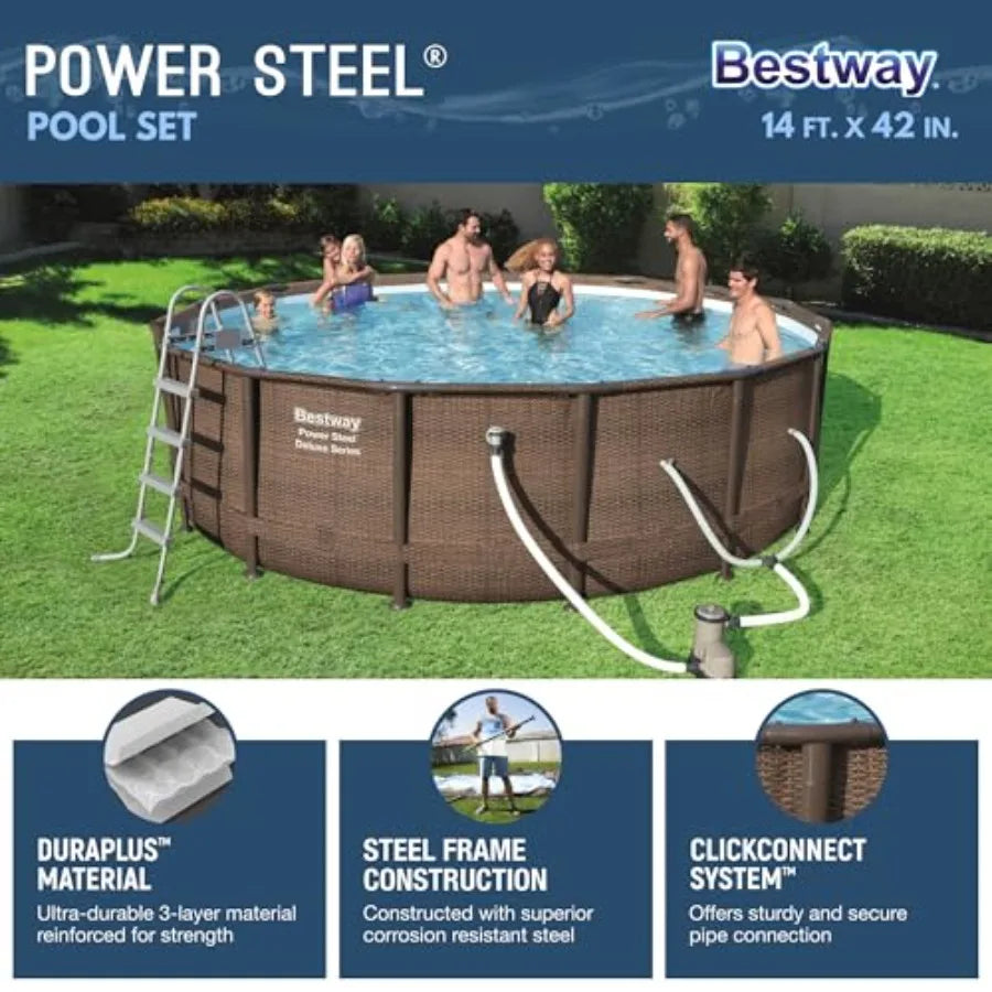 Backyard outdoor swimming pool set: Power Steel round above-ground pool, 14 x 42, steel frame, blue, includes 1, 000 GPH filter