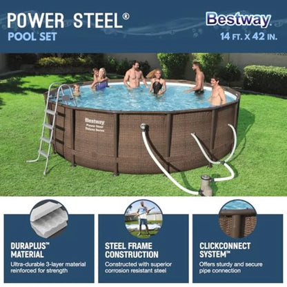 Backyard outdoor swimming pool set: Power Steel round above-ground pool, 14 x 42, steel frame, blue, includes 1, 000 GPH filter