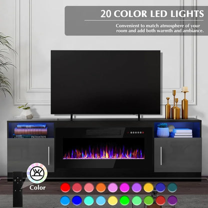 Fireplace tv Stand with 36 inch Fireplace Up to 80" TVs,LED Light Entertainment Center and Storage, 70" Modern Wood Media TV