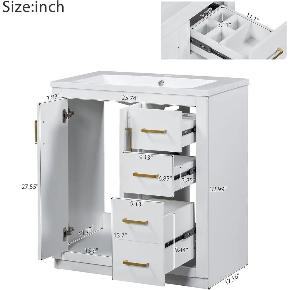 30" Bathroom Vanity with Sink, Freestanding Single Sink Modern Bathroom Vanity Storage Cabinet with 2 Doors & 3 Drawers, Elegant