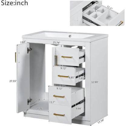 30" Bathroom Vanity with Sink, Freestanding Single Sink Modern Bathroom Vanity Storage Cabinet with 2 Doors & 3 Drawers, Elegant