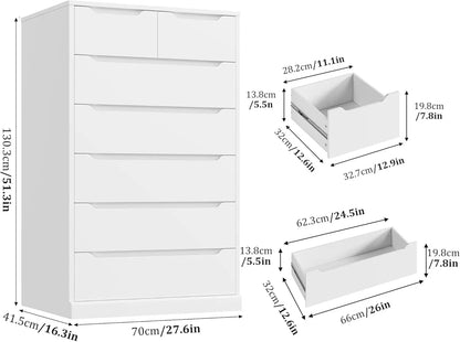 51" Tall 7 Drawers Dresser, Modern White Dresser, Wood Dressers & Chests of Drawers with Cut-Out Handles, Upright Drawer Chest