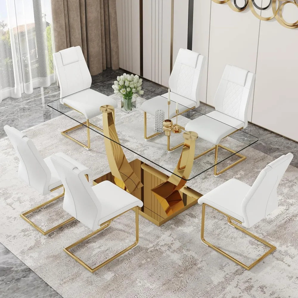 Glass Dining Table Set for 6, Modern Kitchen Table Set for 6, 71" Tempered Glass Tabletop with U-Shaped Gold Base, 7 Ppiece