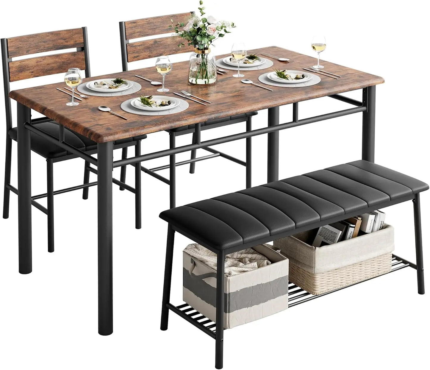 IRONCK Dining Table Set for 4, Kitchen Table and Chairs Set for Small Space, Kitchen Table with Upholstered Bench and 2 Chairs