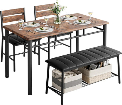 IRONCK Dining Table Set for 4, Kitchen Table and Chairs Set for Small Space, Kitchen Table with Upholstered Bench and 2 Chairs