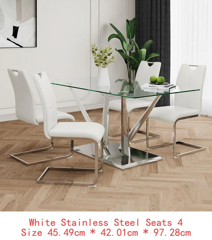 Elegant Glass Dining Table Set with Stainless Steel Base & 6 White Chairs - Modern Transparent Design for Dining Room