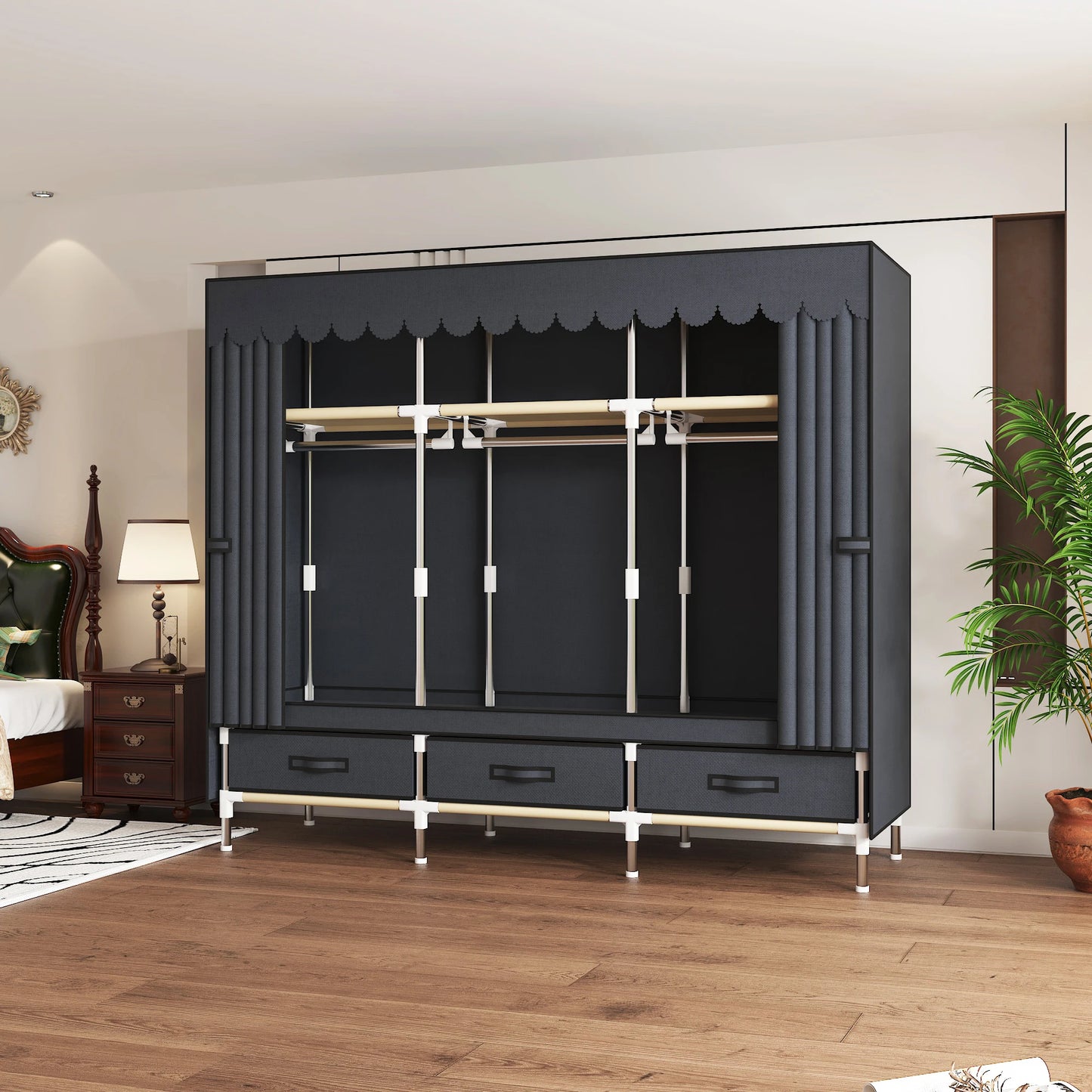 Portable Wardrobe Closet with Steel Frame Non-Woven Fabric Dust Cover - Includes Storage Compartment And Drawers for Bedroom