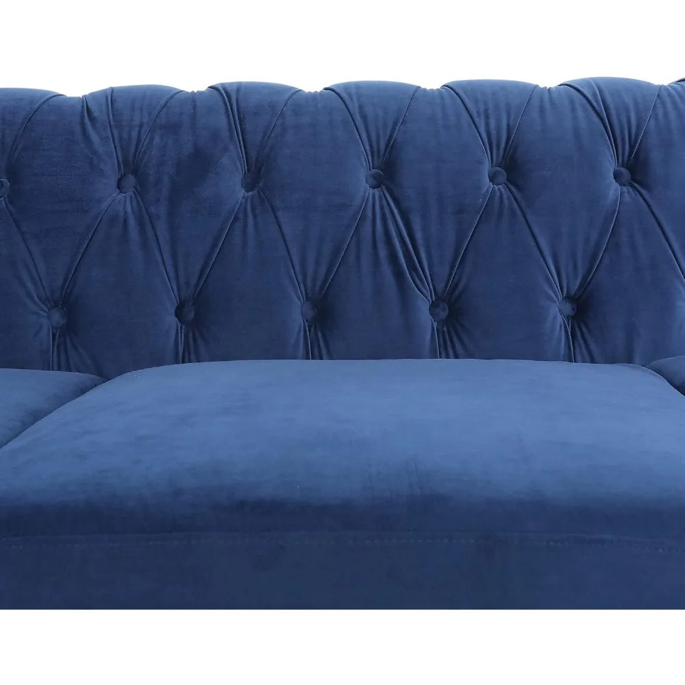 Modern 84 Velvet Chesterfield Sofa with Tufted Design, Scroll Arms, and Wooden Legs for Living Spaces (Blue)