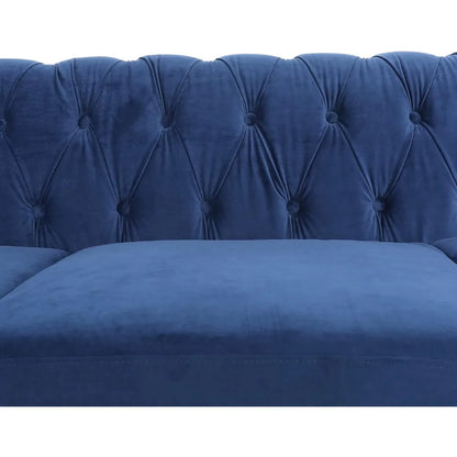 Modern 84 Velvet Chesterfield Sofa with Tufted Design, Scroll Arms, and Wooden Legs for Living Spaces (Blue)