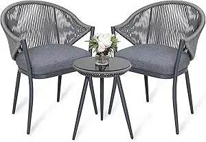 3 Piece Outdoor Patio Bistro Set, Patio Furniture Set for 1 Iron Patio Table and 2 Dining Chairs, Balcony Furniture Patio Table
