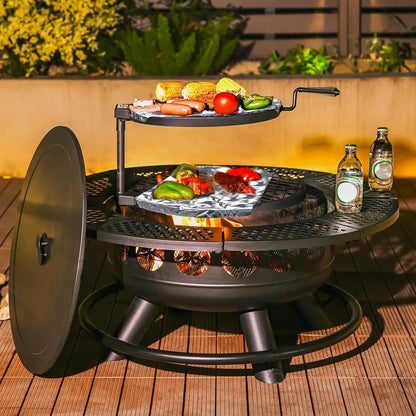 36 Inch Fire Pit with 2 Cooking Grills,Outdoor Wood Burning BBQ Firepit with Lid, 3-in-1 Outdoor Fire Pit