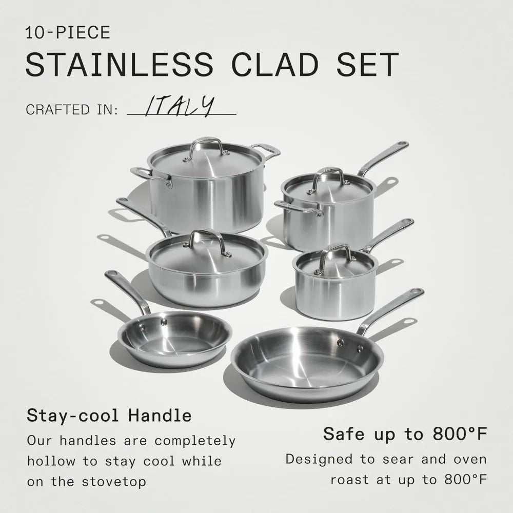 10 Piece Stainless Steel Pot and Pan Set - 5 Ply Clad - Includes Stainless Steel Frying Pans, Saucepans, Cookware Set