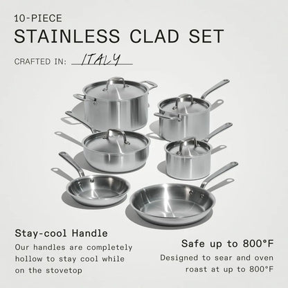 10 Piece Stainless Steel Pot and Pan Set - 5 Ply Clad - Includes Stainless Steel Frying Pans, Saucepans, Cookware Set