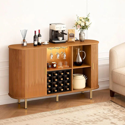 55-Inch Modern Wine Bar Cabinet with Storage, LED Lights, USB Ports & Adjustable Shelves for Living Room