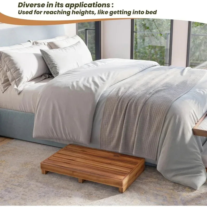 NEW!Acacia Wood High Riser Step Stool with Non-Slip Pads Wooden Mobility Stepping Stools for Handicap, Bed, Bathroom