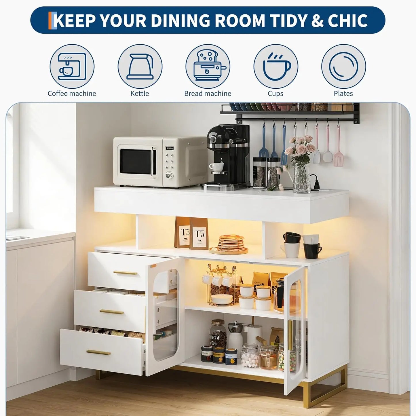 LED Buffet Cabinet with Charging Station, Smart Bar Cabinet with 20-Color Auto RGB Light, Coffee Bar Cabinet with Drawer/Hutch,