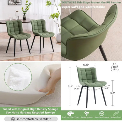 Pair of Modern Olive Green PU Leather Dining Chairs with Metal Legs for Kitchen and Dining Room