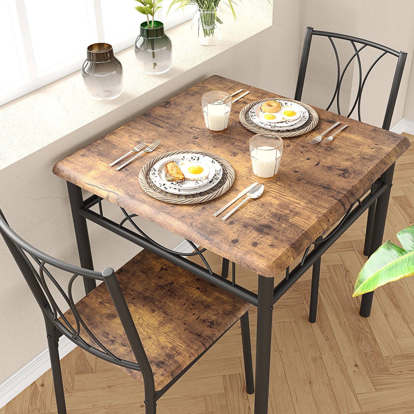 Dining Table Set for 2, Kitchen Table and Chairs, Square Dining Room Table Set with  Metal and Wood Chairs