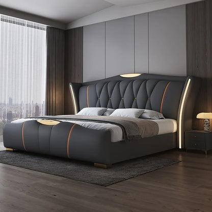 Leather bed with light modern minimalist lit 150x200 180x200 200x220 cm Double bed 2 people bedroom beds frames Furniture