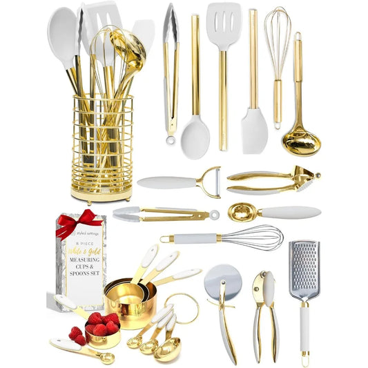 White and Gold Kitchen Utensils Set - 23-Piece Gold Kitchen Accessories Include Measuring Cups and Spoons Set, Silicone Utensils