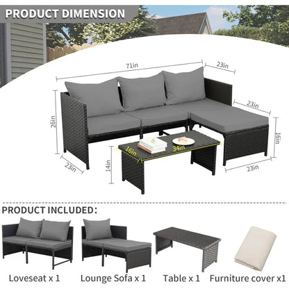 3-Piece Outdoor PE Rattan Furniture Set Patio Black Wicker Conversation Loveseat Sofa Sectional Couch Gray Cushion