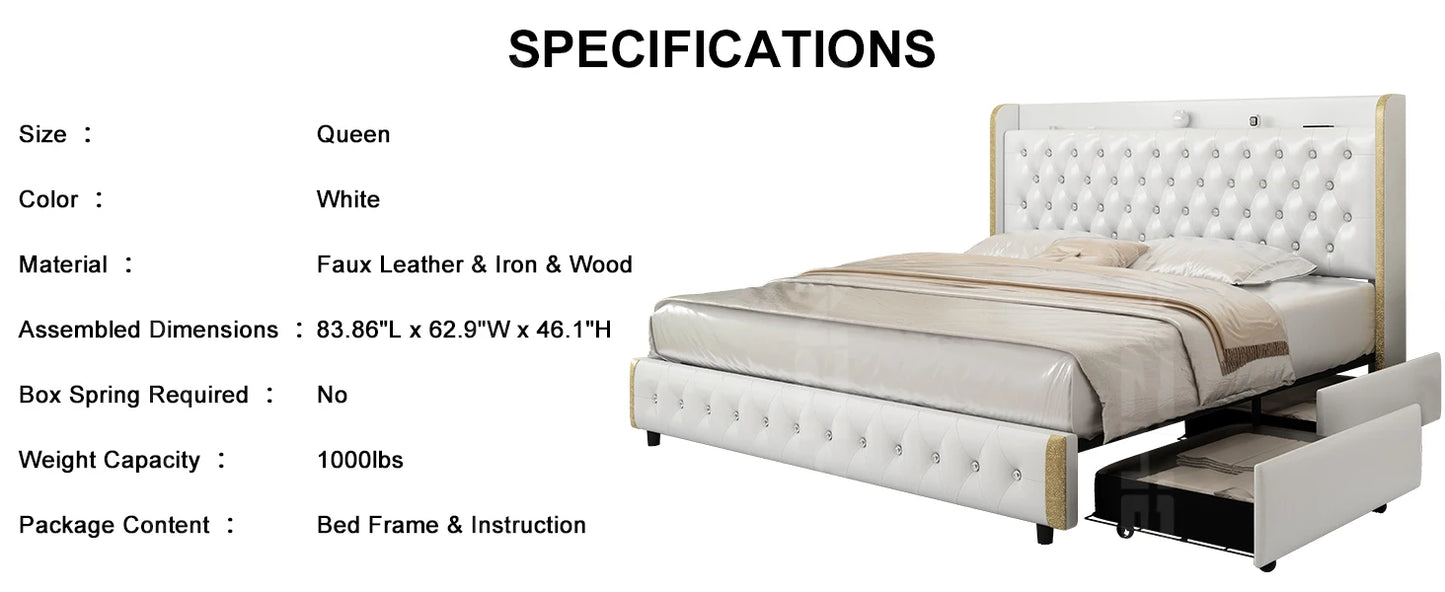 Queen LED Bed Frame with Galaxy Projector, Bluetooth Speaker, USB Ports, 4 Drawers, No Box Spring Needed