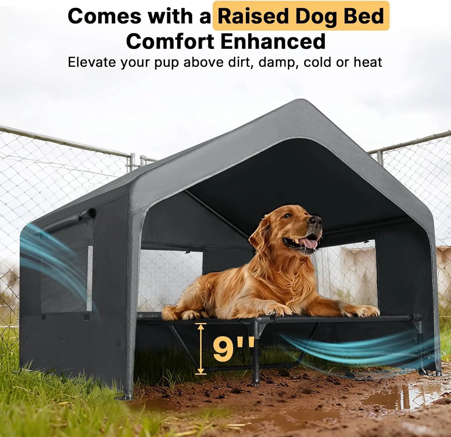 Large Dog House Outdoor with Elevated Bed, Weatherproof Pet Tent Shelter 4.1x4.1x3.3ft for Dogs Cats, Grey