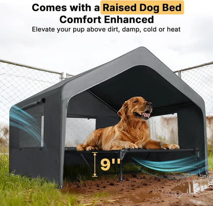 Large Dog House Outdoor with Elevated Bed, Weatherproof Pet Tent Shelter 4.1x4.1x3.3ft for Dogs Cats, Grey