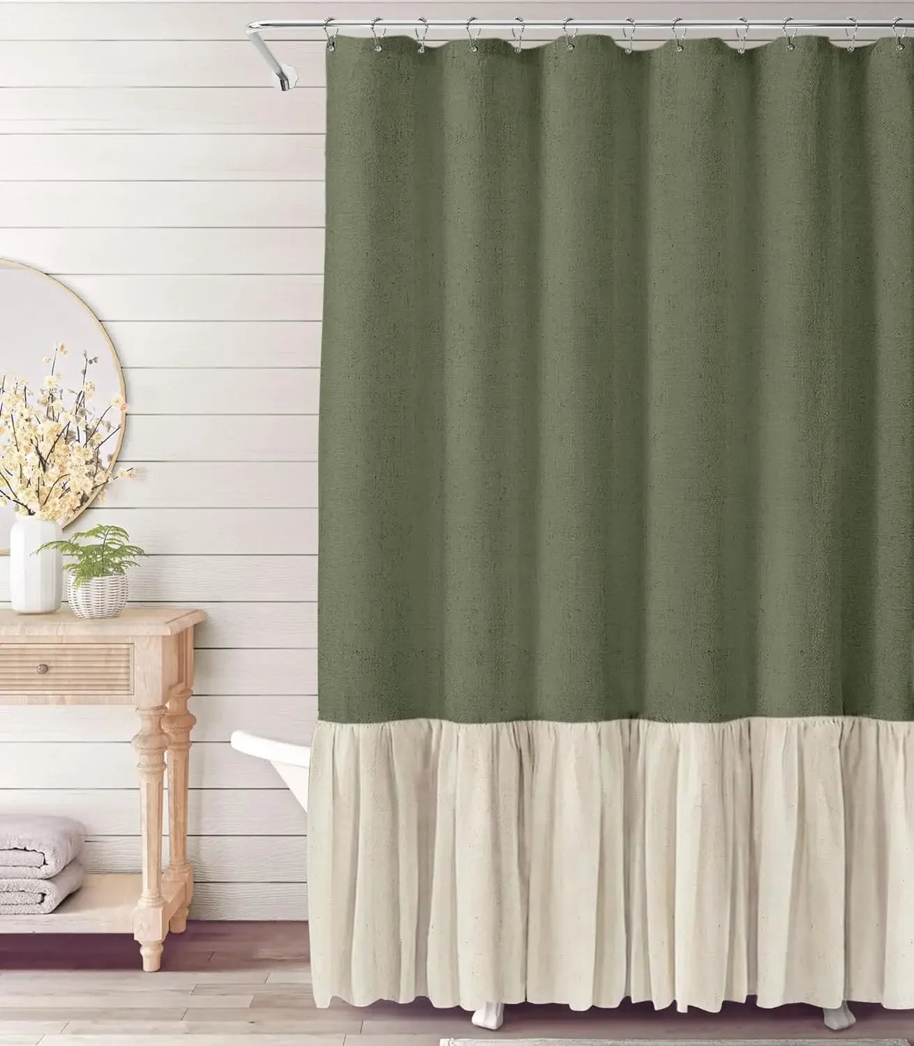 Cotton Linen Plain Shower Curtain with 12 Hooks Waterproof Floral Falbala Ruffle Edge Frill Scalloped Hem Decor Bathroom