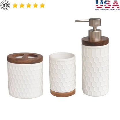 3pc Ceramic Wood Bath Accessories Set