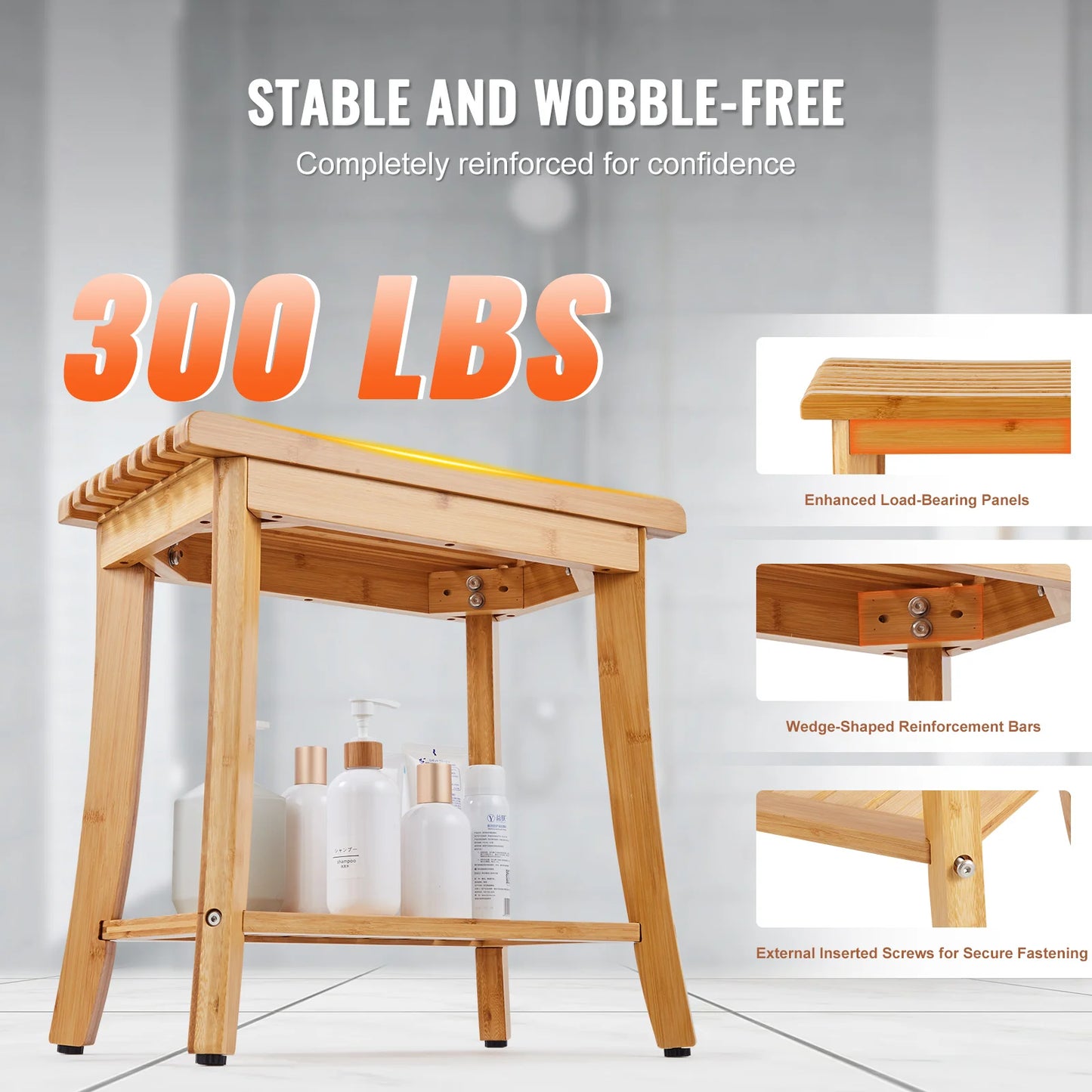 Bamboo Shower Bench 19.1x11.3x18.3 in Waterproof Shower Stool Chair with Storage Shelf 330lbs Load Capacity Spa Seat