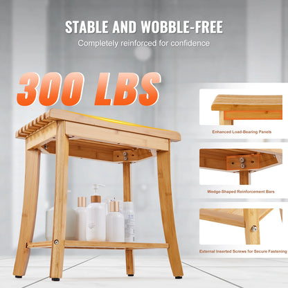 Bamboo Shower Bench 19.1x11.3x18.3 in Waterproof Shower Stool Chair with Storage Shelf 330lbs Load Capacity Spa Seat