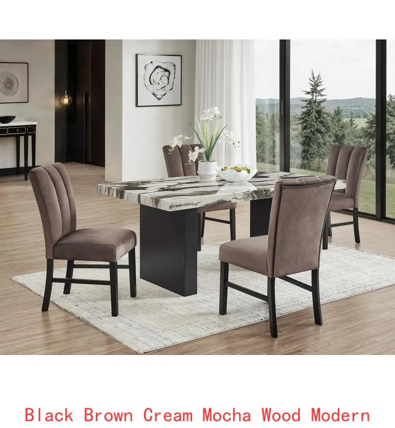 6-Piece Black Brown Faux Marble Dining Set with Square Table, Upholstered Curved Chairs, and Bench for Elegant Dining Room