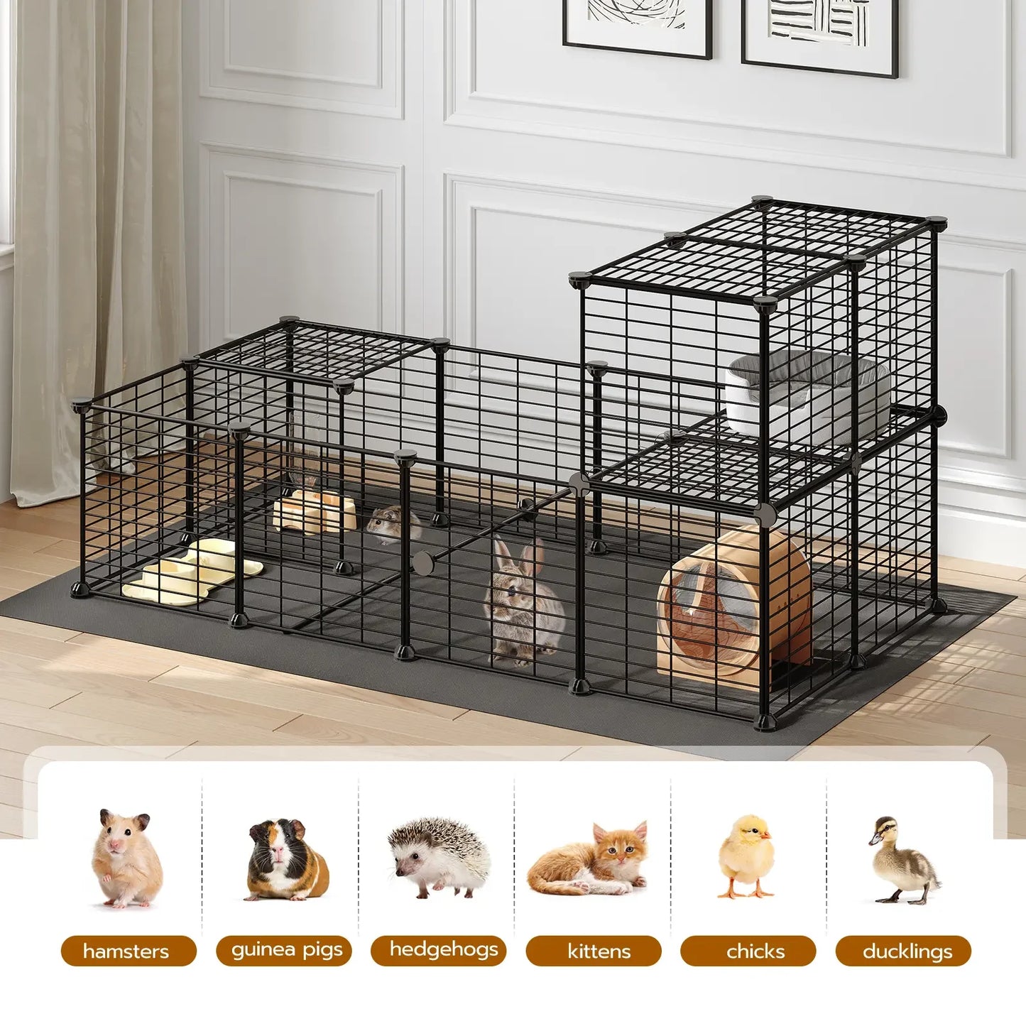 Guinea Pig Cage with Waterproof Mat, 24 Panels Small Animal Playpen, Rabbit Cage, Bunny Cage, Chicken Cage, Pet Playpen, Indoor Outdoor Yard Fence, 57 x 31.5 x 23.6 Inches, Black Hamster House #SummerVibes
