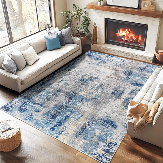 Modern Abstract Washable Area Rugs  Stain Resistant Non Slip Large Blue Soft Indoor Carpet for Home Decor