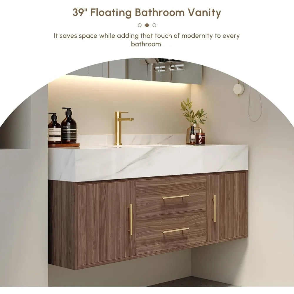 Floating Bathroom Vanity with Sintered Stone Vessel Sink 2 Drawers (Walnut with Doors, 39.4'')