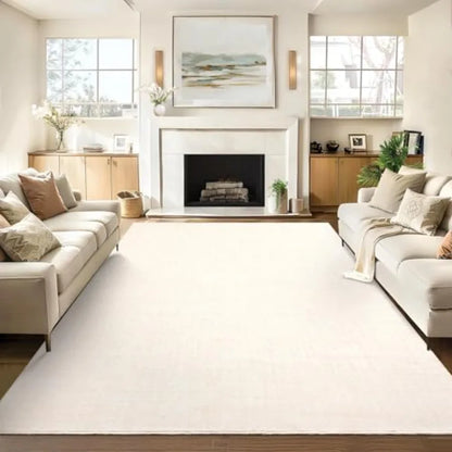 Living room 9x12 washable area rug, faux wool, neutral beige, ultra-soft non-slip non-shedding low-pile modern print carpet for