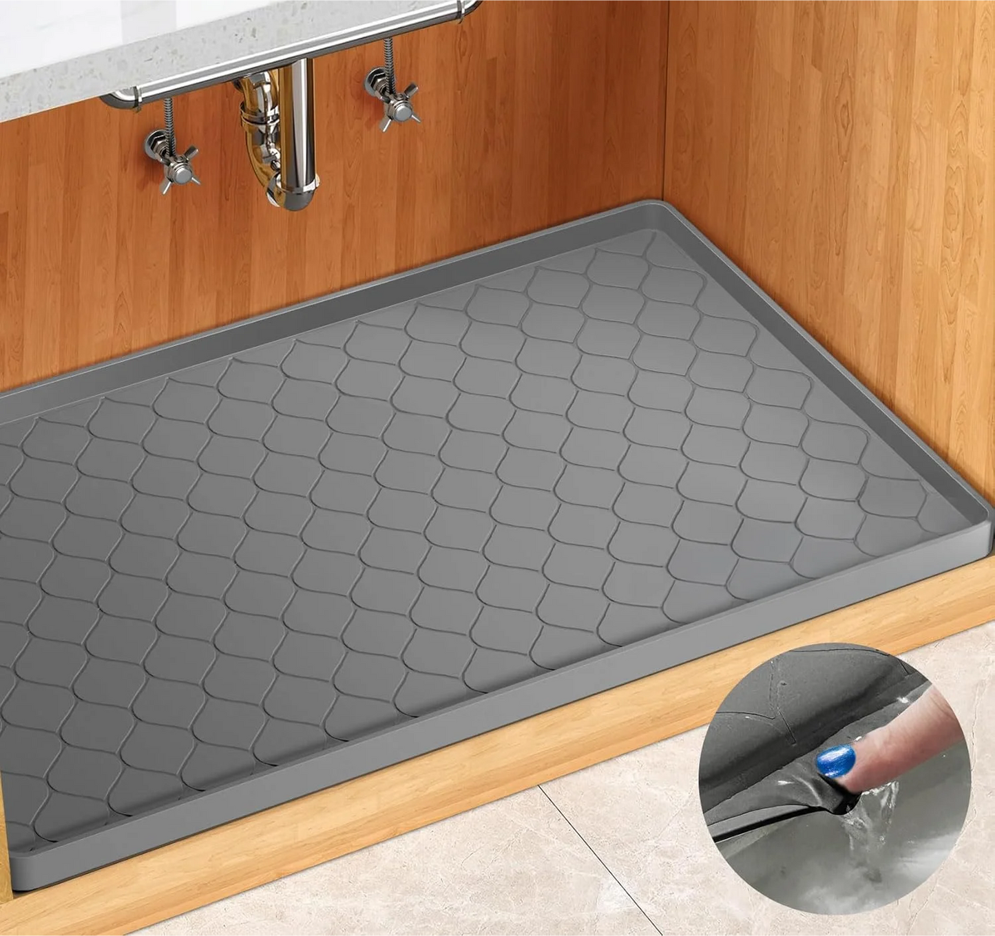 Waterproof Under Sink Mat -34” x 22” Cabinet Liner for Kitchen & Bathroom, Shelf Protector Silicone