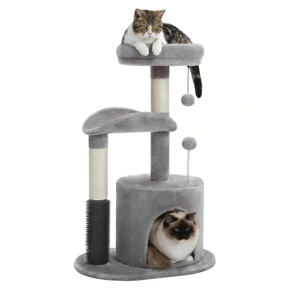 Cat Tree Tower For Indoor With Self Groomer Brush, Sisal ching Post, Dangling Ball For Small, Medium Cats, Gray