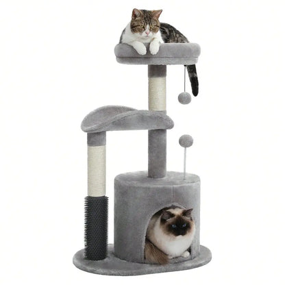 Cat Tree Tower For Indoor With Self Groomer Brush, Sisal ching Post, Dangling Ball For Small, Medium Cats, Gray