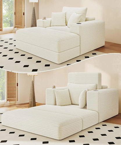 Chaise Lounge Chair Indoor, Fluffy Corduroy Upholstered Boneless Couch, Convertible Sleeper Sofa Bed