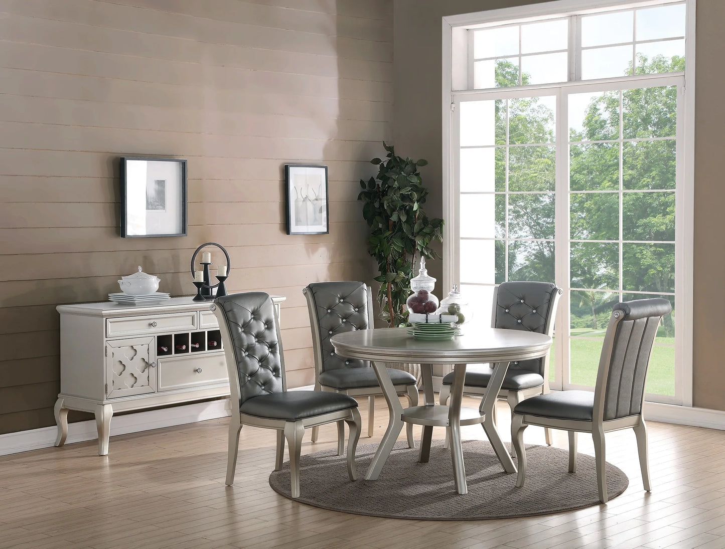 Formal Traditional Dining Table Round Table  5pc Dining Table w Shelf 4x Side Chairs Tufted Back Dining Room Furniture