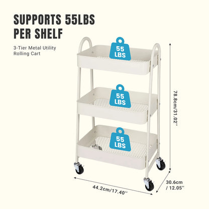 3 Tier Metal Storage Kitchen Cart with Lockable Wheels Mobile Shelving Unit Utility Rolling Organizer For Home Narrow Places